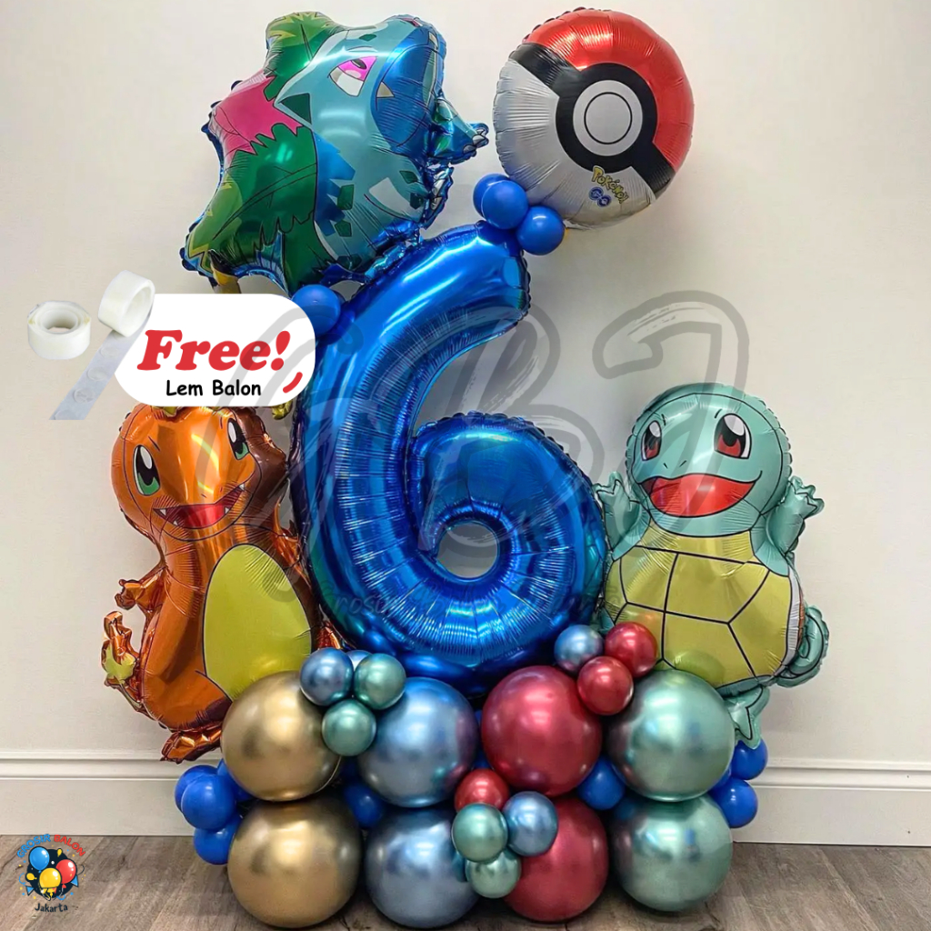 [PAKET PREMIUM] JUMBO Biru Full Set Pokemon Party Birthday / Dekorasi Ulang Tahun Pikachu / Charmender / Squirtle / Bulbasaur - 50pcs