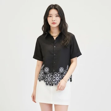 Rina Flower Basic Cotton Blouse Atasan Kemeja Wanita Korean Style Basic Lengan Pendek