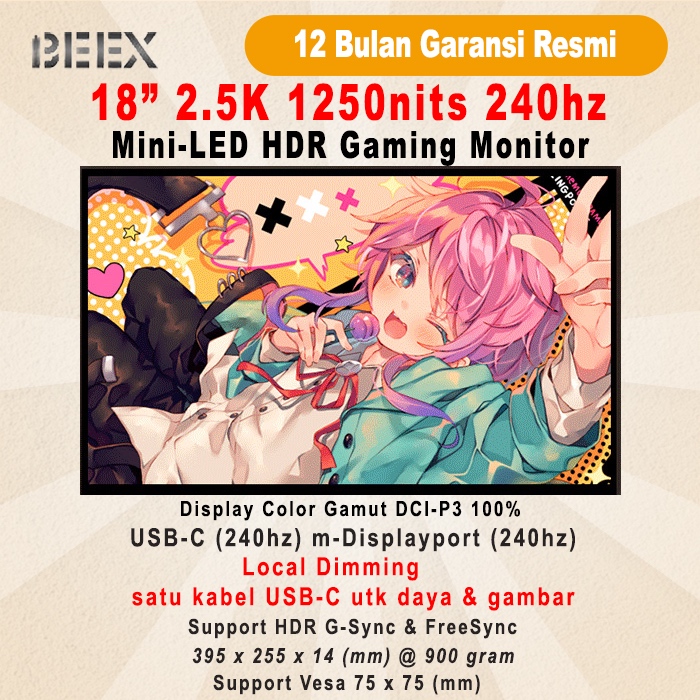 Jual Portable Monitor BeeX Mini-LED 2.5K 1600P 1250nits 155hz 240hz 100 ...