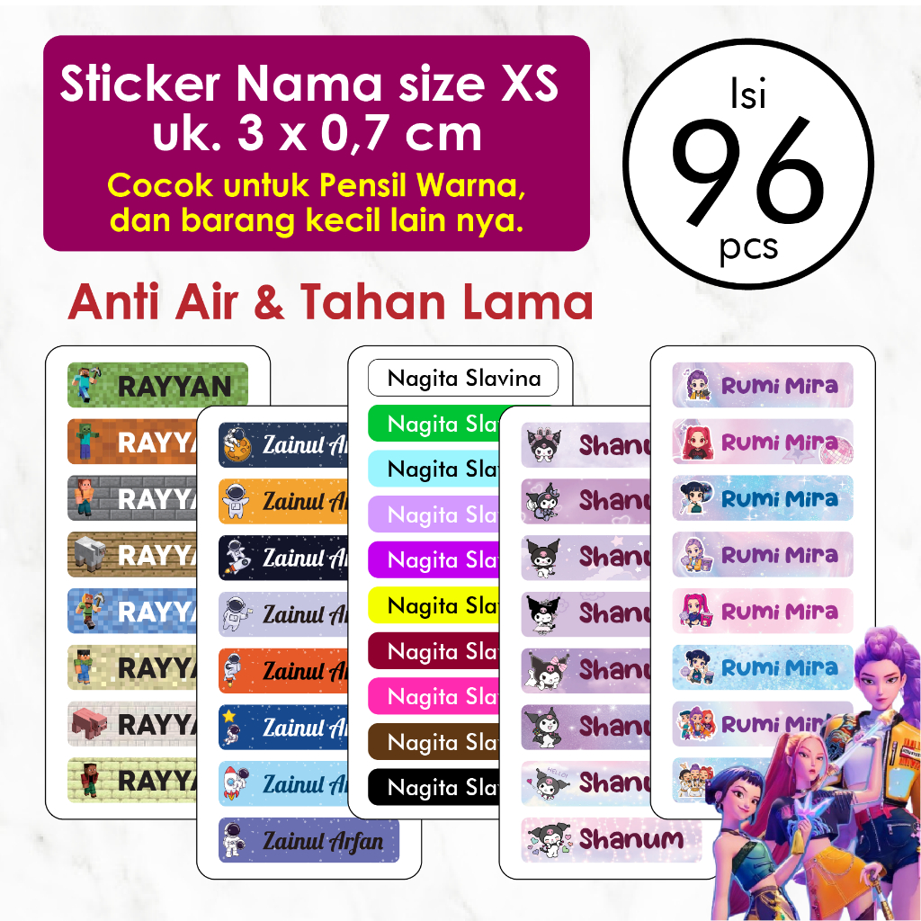 Stiker Label Nama Anak Custom Ukuran Xs isi 96 pcs Label Nama Anak Waterproof Tahan Air Stiker Pensil Warna Label Pensil Label Botol Minum sticker tempat makan stiker mainan Warna Warni Disney Tsum Tsum karakter