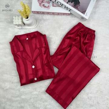NOIRI Piyama Satin Baju Tidur Lengan Panjang Celana Panjang Setelan One Set Wanita Dewasa Motif