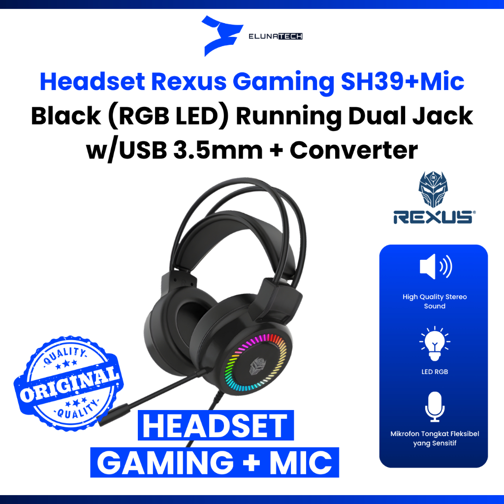 Jual REXUS Headset Gaming Usb Black Mic Detachable Running Dual Jack ...