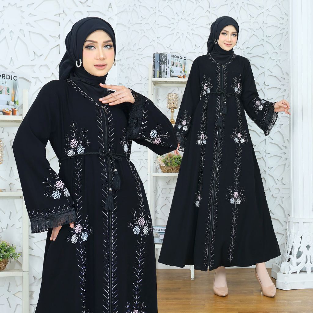GAMIS ABAYA TURKEY  (DEWASA & ANAK) TUGBA #207 // ABAYA ARAB JET BLACK  // ABAYA MULTI-FUNGSI //COD// ADA KANTONG DALAM // BUSUI FRIENDLY // RESLETING PANJANG MOTIF MELATI TIGA WARNA KOMBINASI TANGAN RUMBAI
