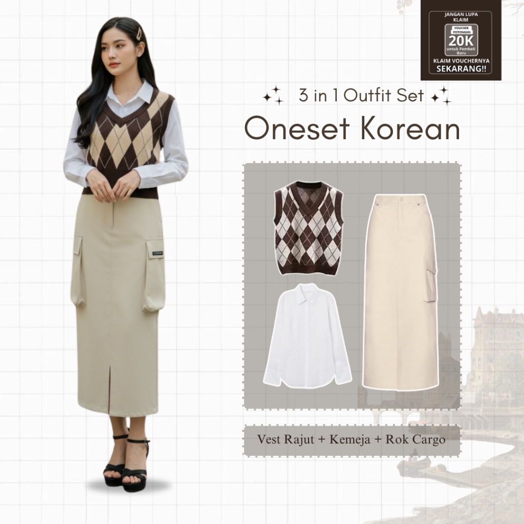 One Set Korean Style Vest Rajut, Kemeja, Rok Cargo OOTD Cewek Kece  Set Arilia