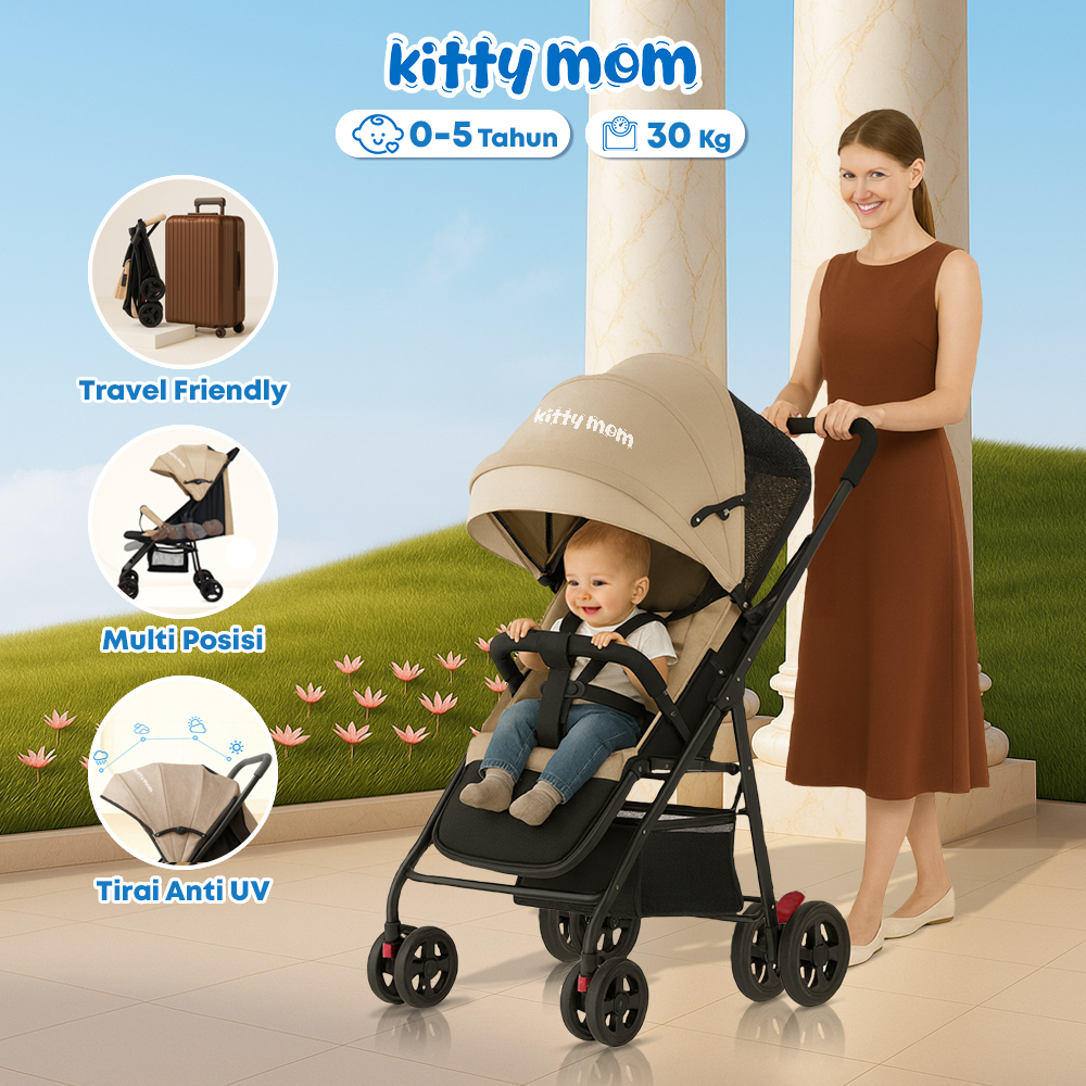 Kitty Mom Stroller Bayi Lipat Travelling Newborn Cabin Size Dorong Travel  Friendly Mudah Dilipat Multi Posisi 0-5 Tahun 30kg Travel Friendly Mudah 