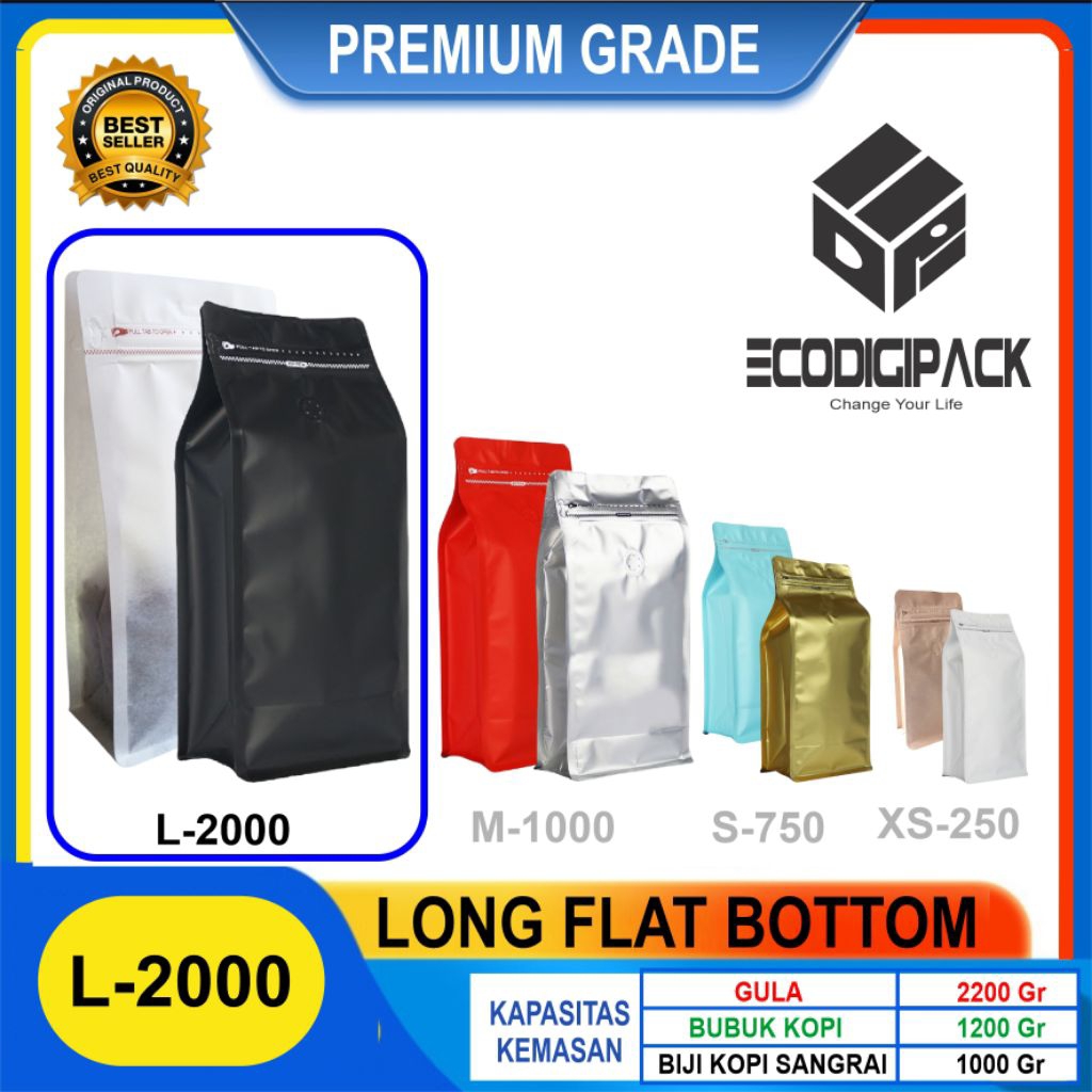 KEMASAN KOPI 1 KG LONG FLAT BOTTOM VALVE L-2000 PREMIUM GRADE COFFEE POUCH