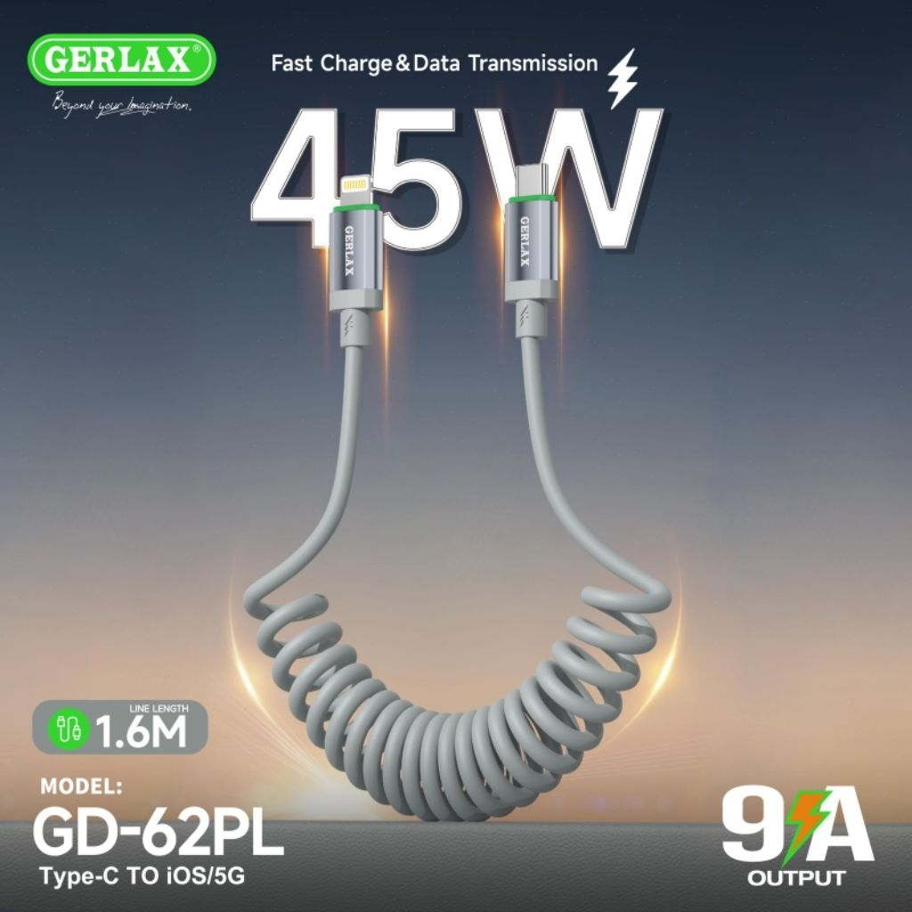 Jual GERLAX Cable Data Spiral 9A Model Spring GD-62PL 45W USB-C To ...