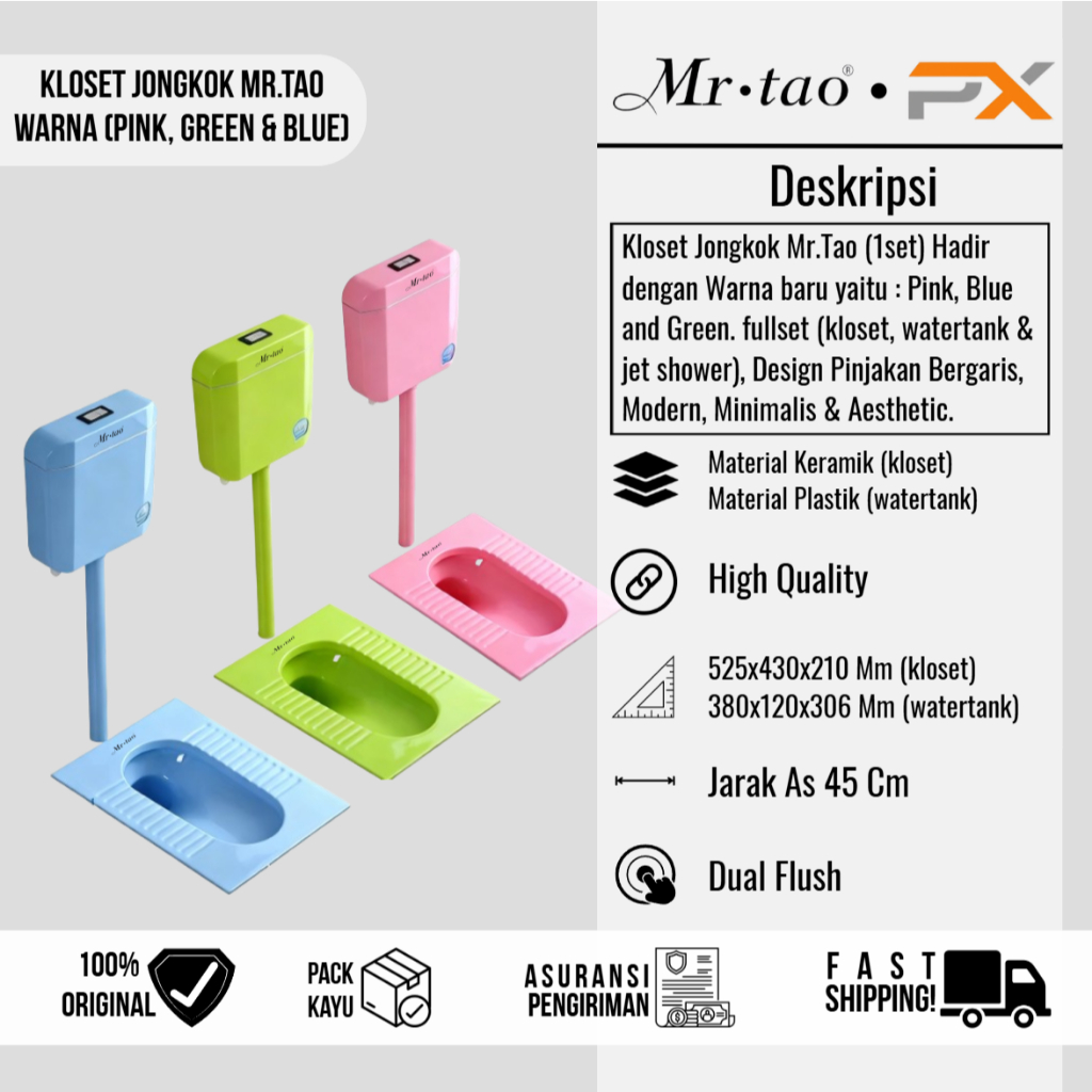 Kloset Jongkok Mr.Tao Flush Set Bahan Keramik + Water Tank Model Terbaru frre Packing Kayu