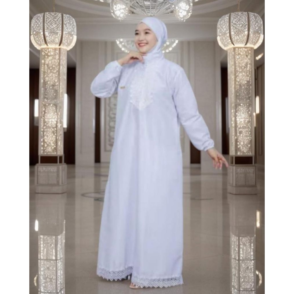 Gamis wanita umroh dan haji renda mewah bersaku