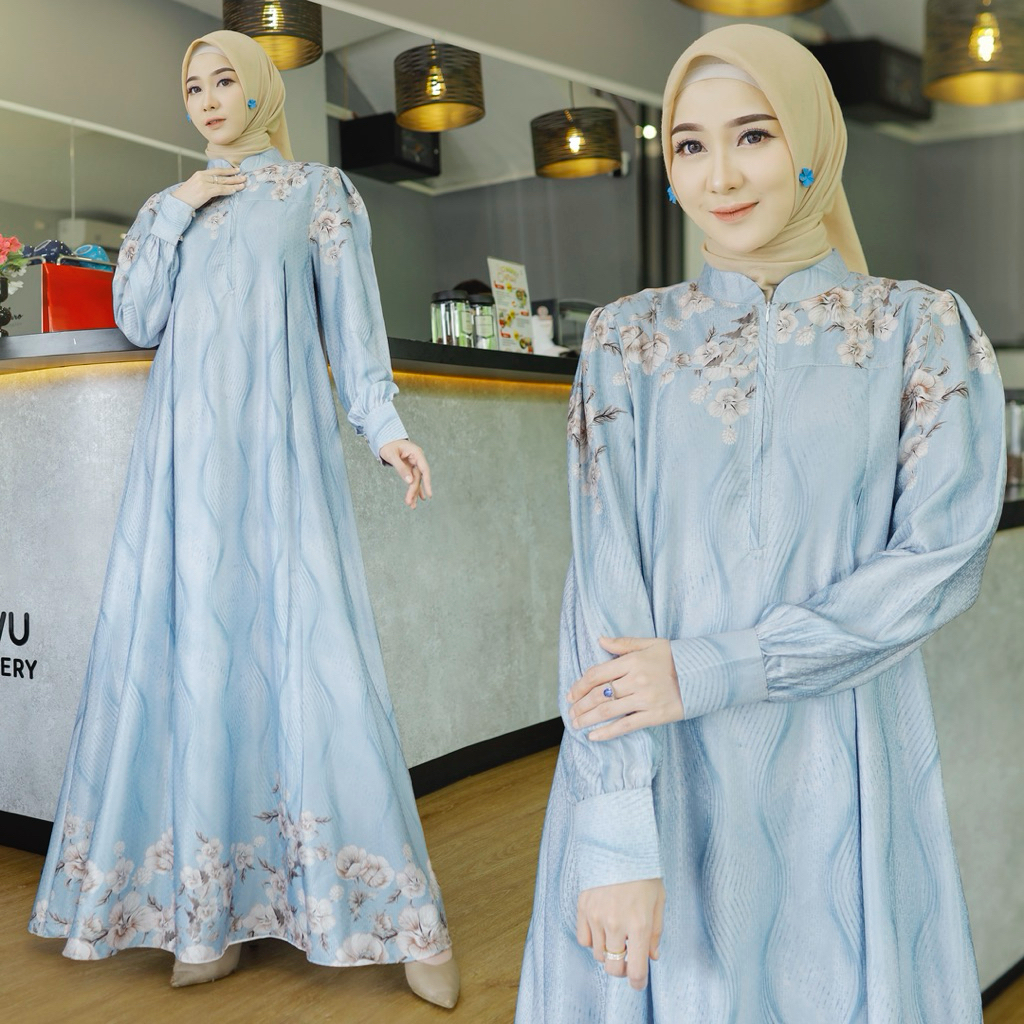 Gamis dobby silk print premium terbaru motif terbaru jumbo dan busui