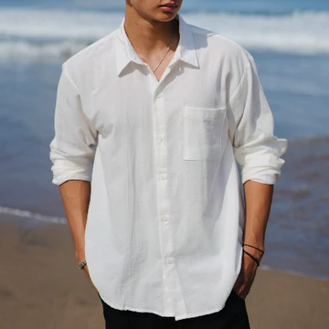 BEACHWELL Kemeja Lengan Panjang Linen Katun Angel Pria Oversized Bordir Anchor Polos Premium