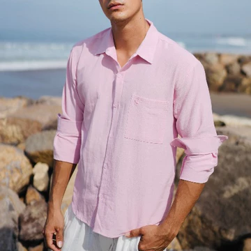 BEACHWELL Kemeja Lengan Panjang Linen Katun Angel Pria Oversized Bordir Anchor Polos Premium