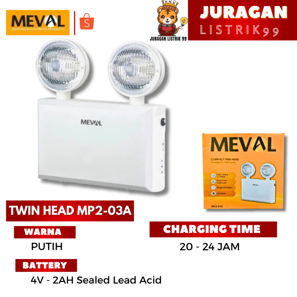 Jual MEVAL - Lampu Emergency Twin Head 32 Jam Putih - Lampu Emergency ...