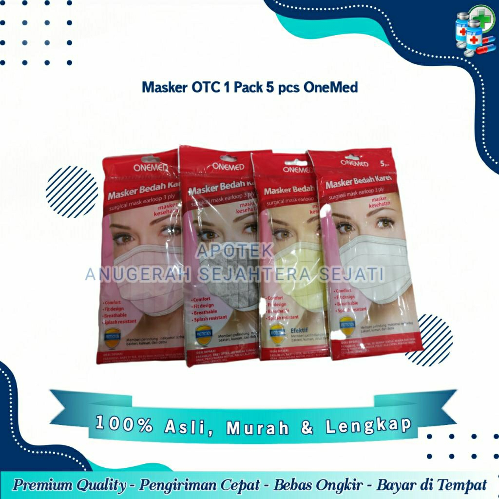 Jual Masker Medis 3Ply Karet OTC / Warna Putih Biru Kuning Hijau Abu ...