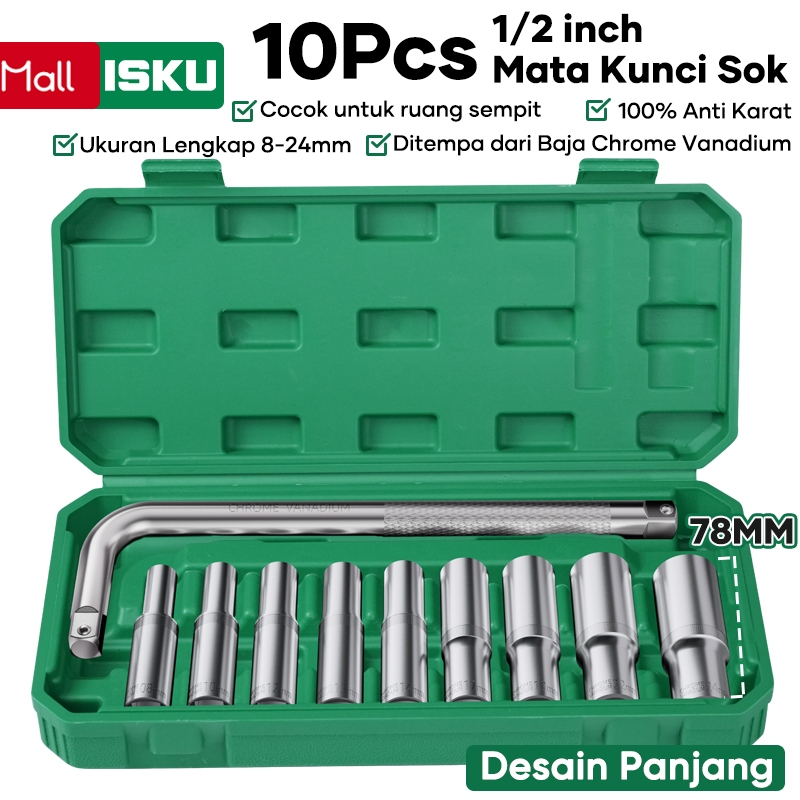 ISKU 1/2 Inch Soket Set 10Pcs Kunci Ring Hex 8-24mm CRV Chrome Vanadium Untuk Ruang Sempit - High Torque