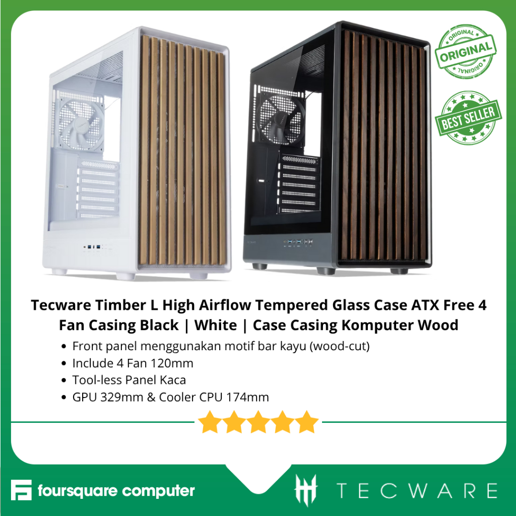 Jual Tecware Timber L High Airflow Tempered Glass Case ATX Free 4 Fan ...