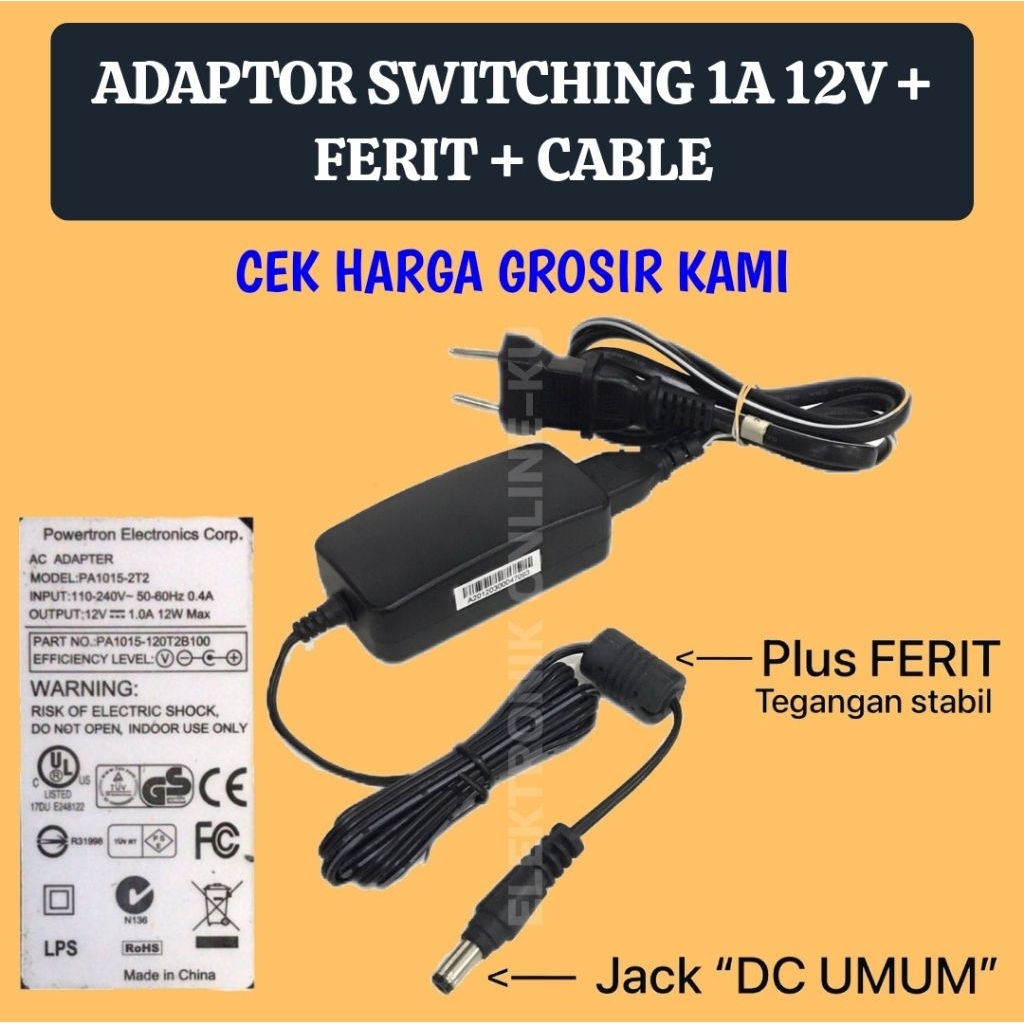 Jual ADAPTOR POWER SUPPLY SWITCHING 1AMPERE 12VOLT + FERIT + CABLE ...