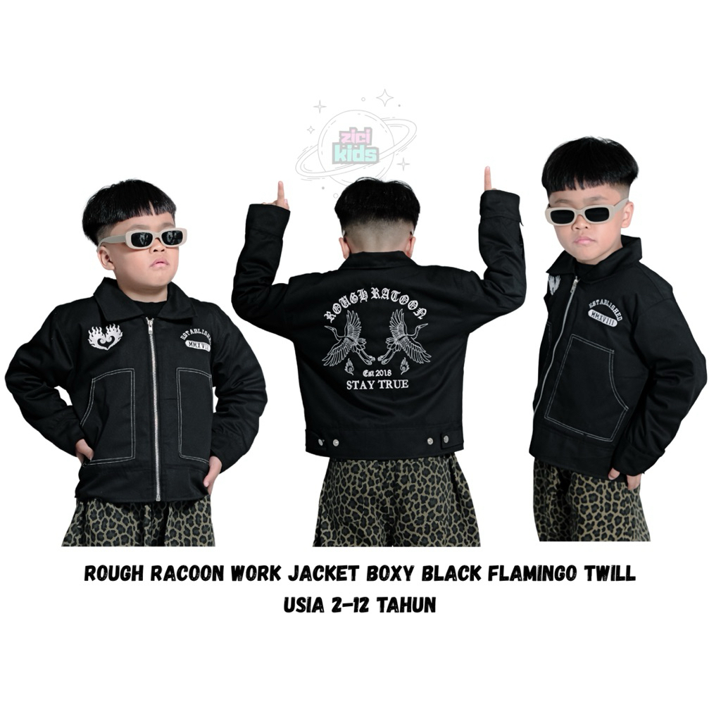Jual Rough Racoon Work Jacket Boxy Black Flamingo Twill Oversized Anak ...