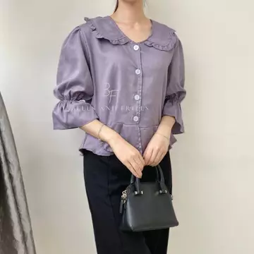 NA BI Top Korean Collar Blouse Puffy Sleeves Button Shirt Ruffle Blouse Balon Puff Sleeve 0288