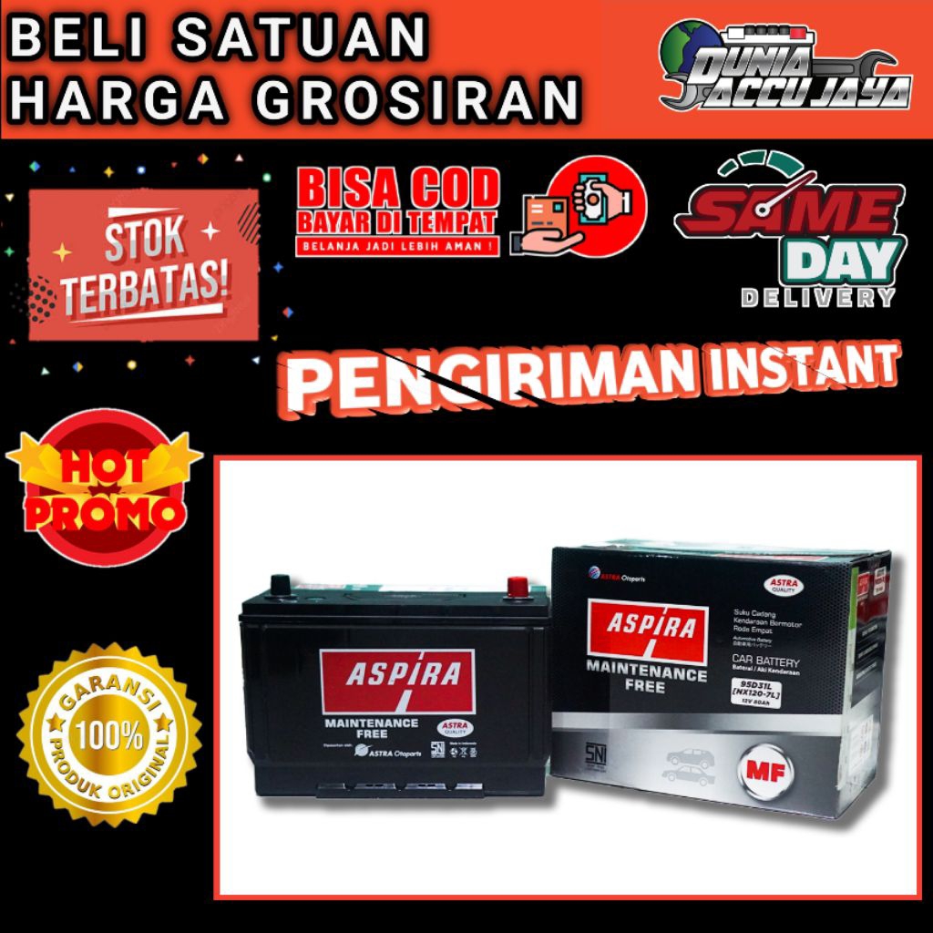 Aki mobil 95d31L / NX120-7L 12v 80Ah original BERGARANSI ASPIRA ASTRA MF kering untuk Great Wall k-27 Land Rover Truck CJ7 Escape ranger Santa Fe Sonata Trajet carnival sportage Pajero Triton Dakar innova fortuner hilux vellfire Lexus termurah
