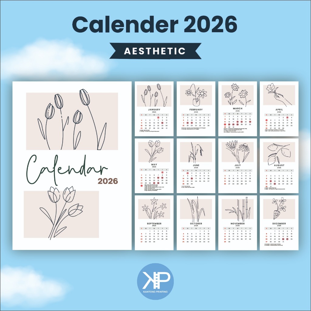 Jual Kalender 2026 Lengkap Motif Flower Bunga - Kalender 2026 Aesthetic ...