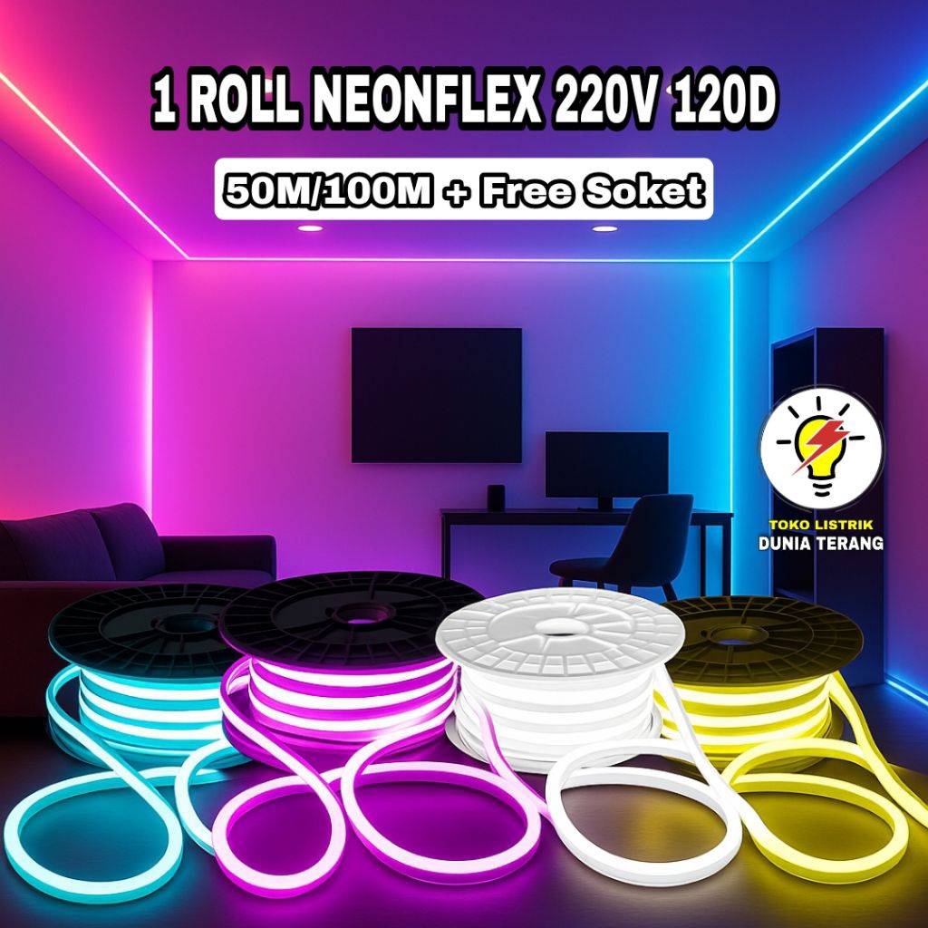 Jual 1 ROLL LAMPU LED NEONFLEX SELANG 220V 50M 100M FREE SOKET ...