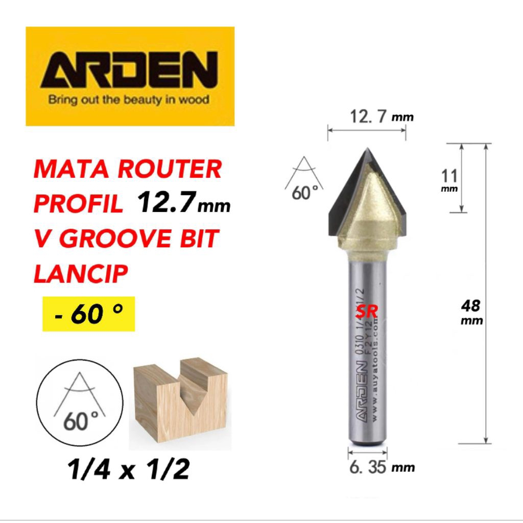 Jual Mata Profil/ Router V Groove 12 mm 1/4×1/2 Lancip 60° Merk ARDEN ...