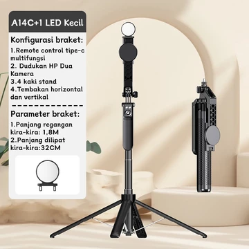Tech 180CM Aluminium Selfie Stick Tongsis Tripod Bluetooth 4 Kaki Selfie Stick Untuk 2 HP