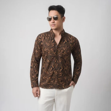 VENGOZ Atasan Kemeja Pria Printing Slim Fit Gold Leaves LS