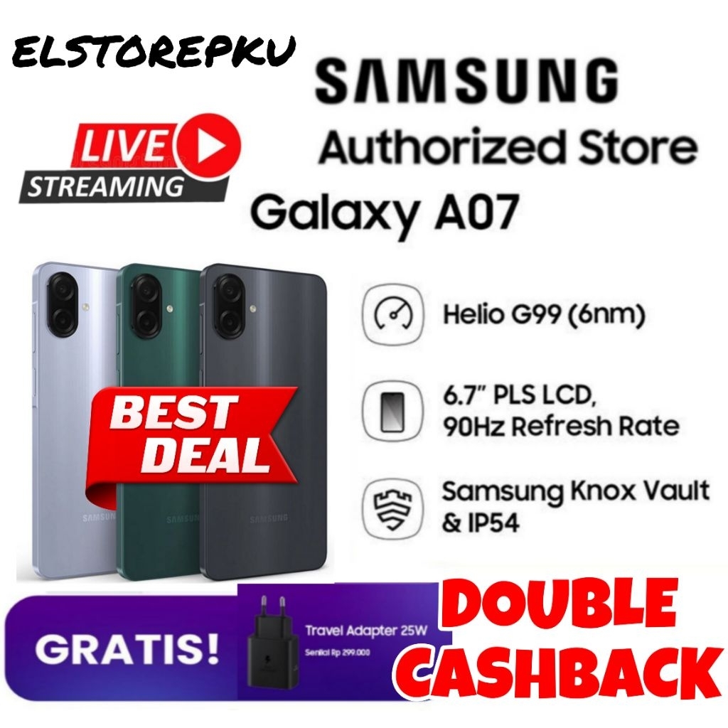 Samsung A07 8/256 + 6/128 + 4/128. Helio G99 Camera 50MP USB TypeC 5000mAh 25Watt Murah Bagus