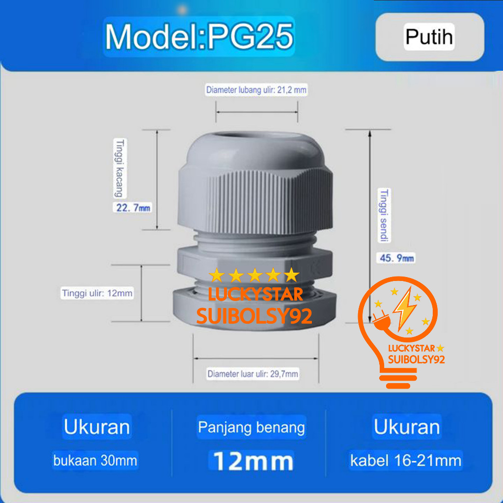 Jual Cable Gland Kabel Gland PG25 PG-25 (14-21mm)- Putih Harga Murah ...