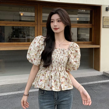 Yikoo Blouse Korea Multi Warna Blus Lengan Pendek Motif Bunga Atasan Wanita