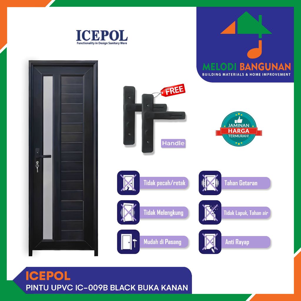 Icepol - Pintu Kamar Mandi + Toilet + WC IC 009B IC009B UPVC Kaca Black Hitam 70x200 Handle Kiri Buka Kanan