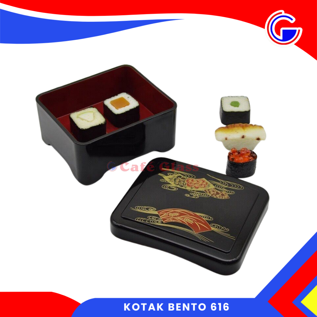 Kotak Bento 616 - Lunch Box Jepang - Kotak Makan Melamin Hitam Merah - Food Container