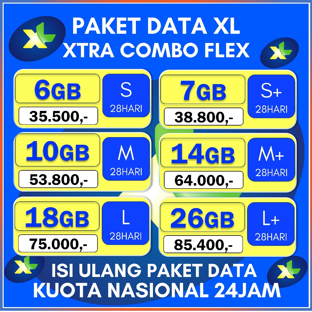 Jual PAKET DATA XL XTRA COMBO FLEX 6GB 7GB 10GB 14GB 18GB 26GB 28HARI ...