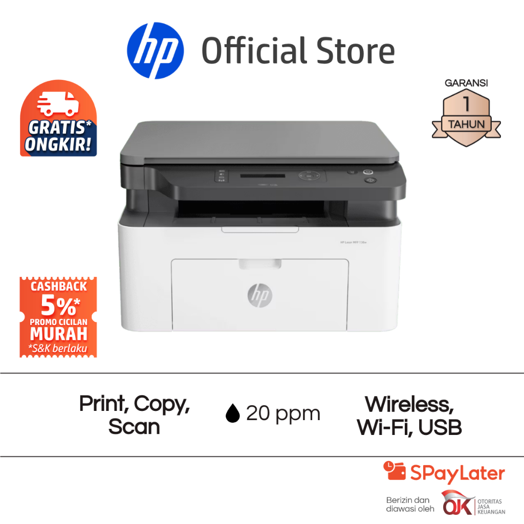 Printer HP Laser MFP 136W All in One Print Scan Copy Wireless Wifi USB Black Hitam Garansi 1 Tahun Promo Murah Gratis Ongkir Official