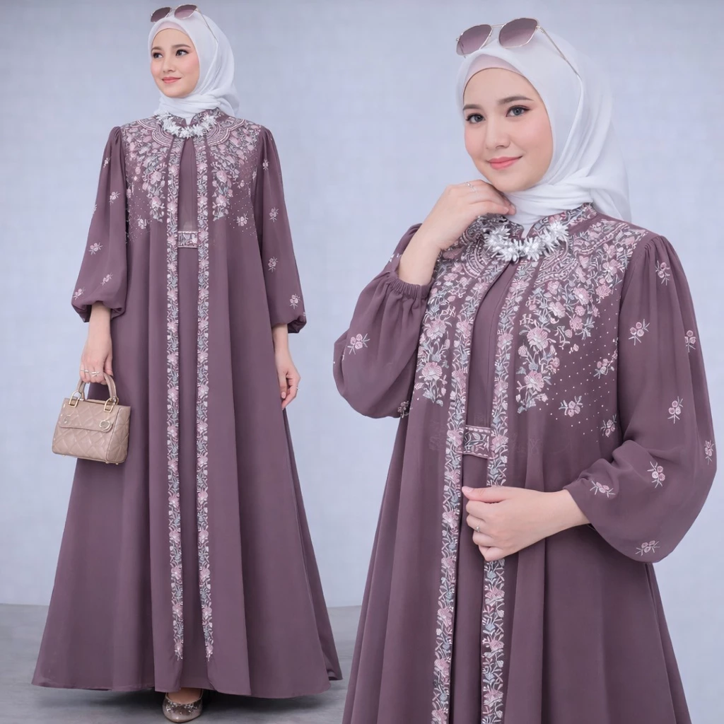 Gamis Muslim Wanita Ceruty Babydoll Mix Bordir Lebaran Kondangan potongan babydoll