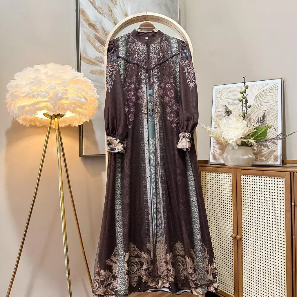 Gamis Muslim Bahan Cotton Turkey Printing Mix Tulle Sparkle Nyaman Cantik Mewah Elegant By Lunaci bahan nyaman