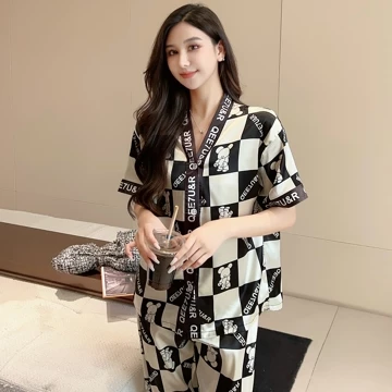 SL6 Setelan Baju Tidur Piyama Wanita Dewasa Satin Premium Lengan Pendek Celana Panjang