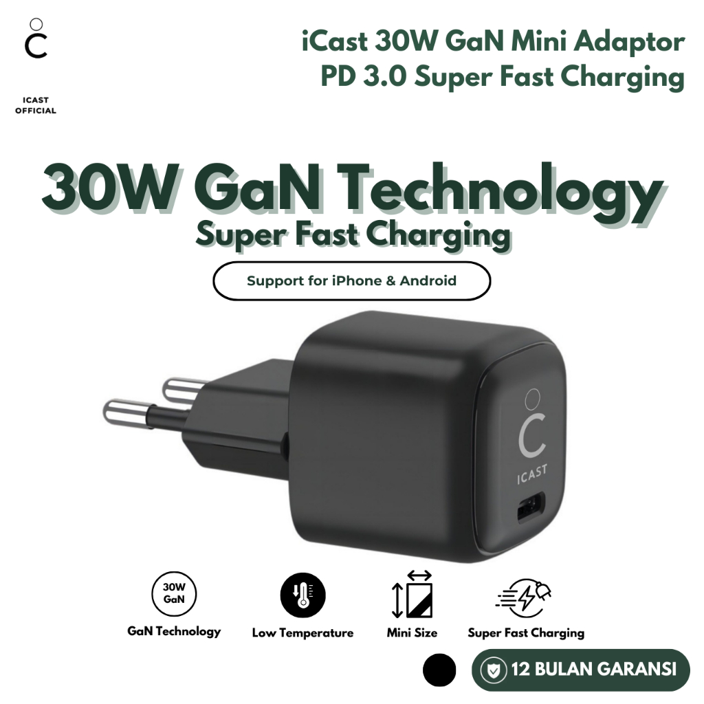 Jual Adaptor 30W GaN Mini USB C iCast GaN Charger Super Fast Charging ...