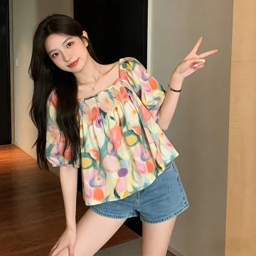 Yikoo Blouse Korea Multi Warna Blus Atasan Wanita Lengan Pendek Top