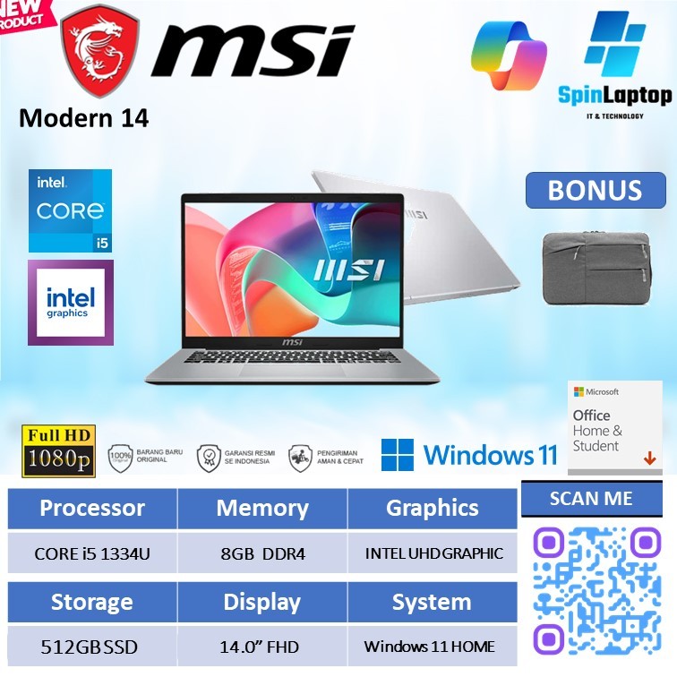 Jual MSI Modern 14 F13MG | Laptop core i5 -1335U RAM 16GB SSD