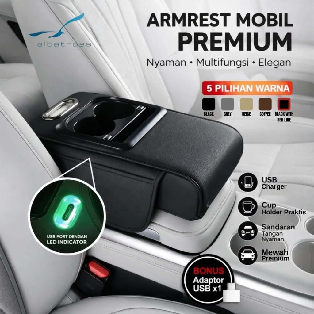 Albatross Armrest Pad Mobil USB Charging Tisu