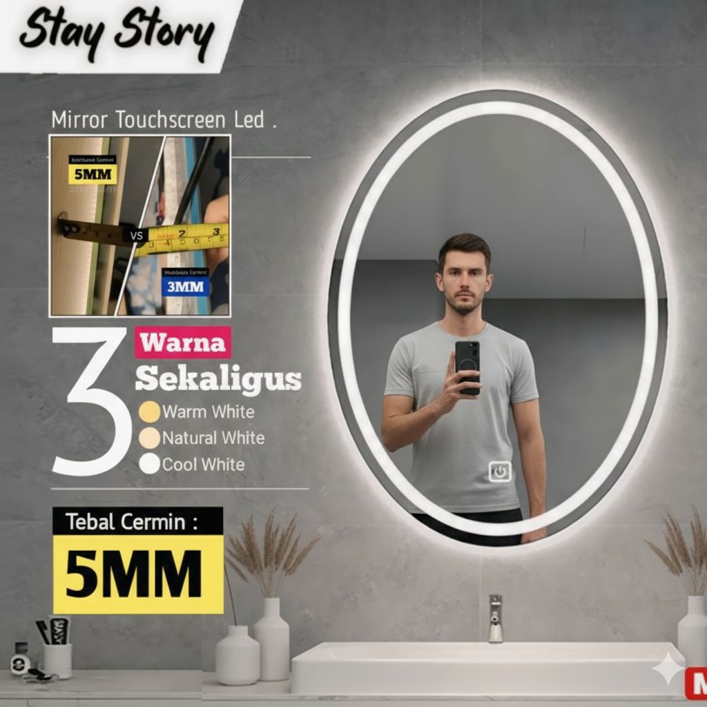 Jual Cermin LED Kamar Mandi Oval (Elips) – Smart LED Mirror | 3 Warna ...
