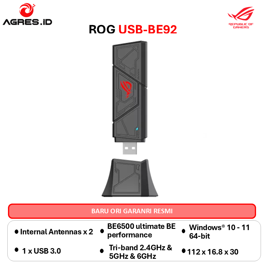 Jual ASUS WIRELESS ADAPTER ROG USB-BE92 WIFI 7 802.11BE BE9200 DUAL ...