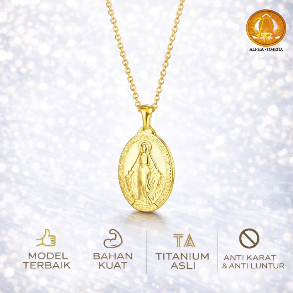 ALPHA OMEGA - Kalung Medali Wasiat Bunda Maria Titanium | Aksesoris Rohani Wanita Katolik