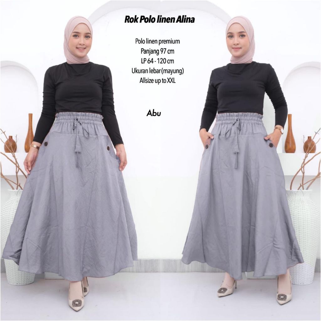 Jual ROK LEBAR POLO LINEN PREMIUM / Rok Payung/ Rok Wanita Panjang ...