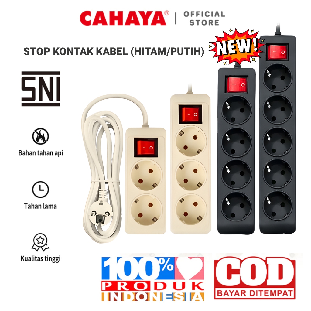 CAHAYA - Stop Kontak + Kabel 2/3/4/5 Lubang 1.5/3/5/10 Meter Ber-SNI Stop Kontak Putih/Hitam