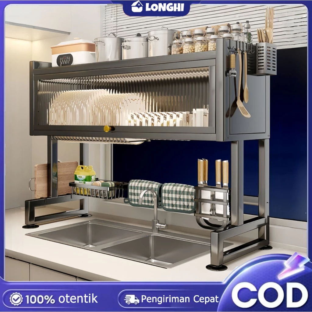 2 Susun Rak Piring Wastafel With Cover Stainless Steel Rak Dapur Rak Piring Gantung Cuci Piring Wastafel