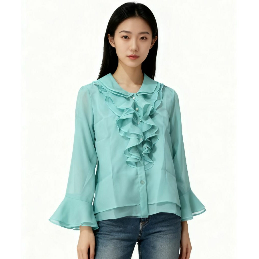 Jual MANGO RUFFLE BLOUSE GREEN PASTEL KOREA ORIGINAL | Shopee Indonesia